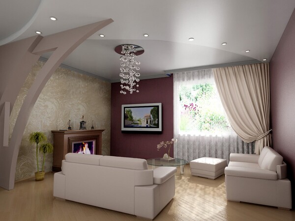 Комбинированный потолок в гостиной
