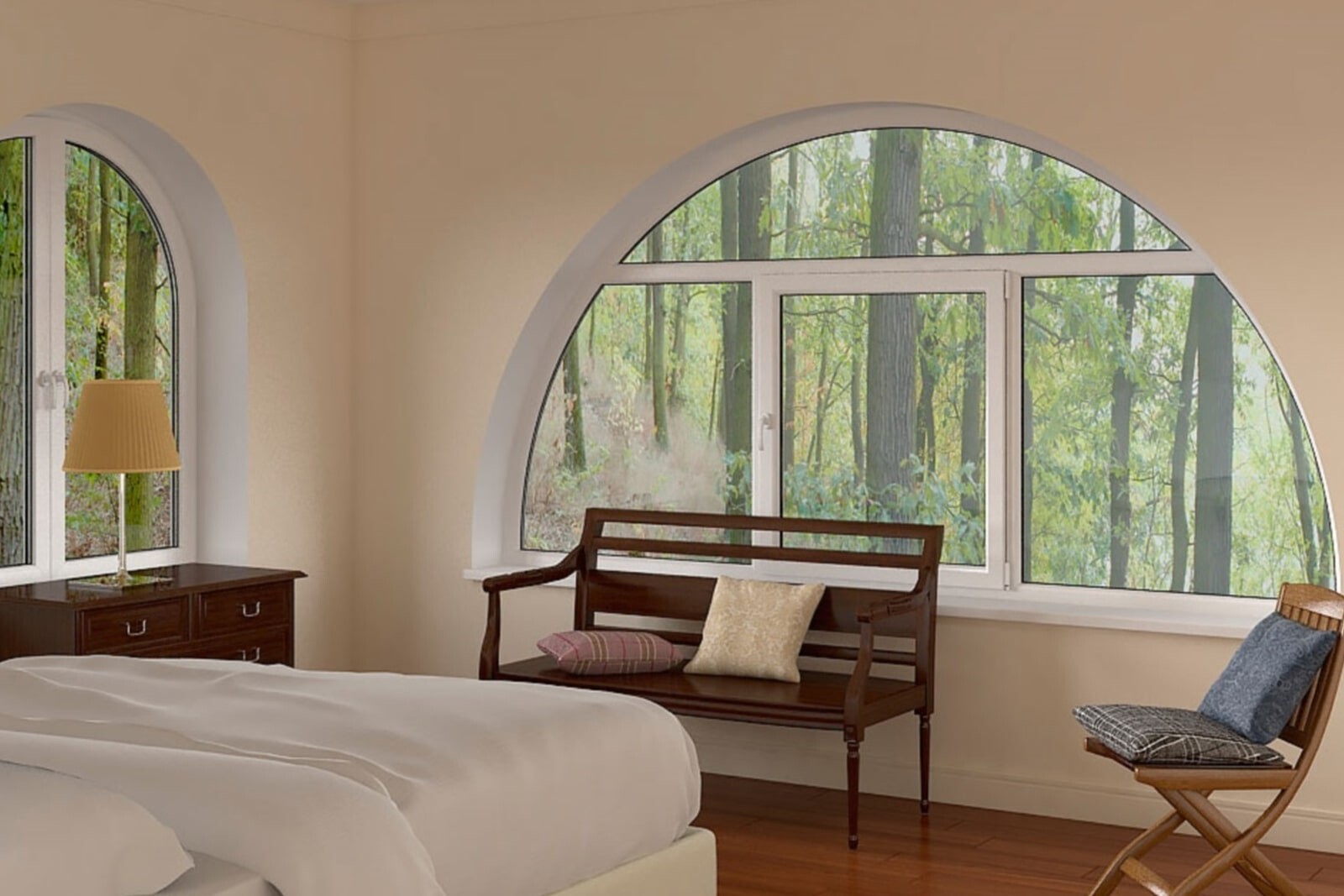 Арочное пластиковое окно на даче