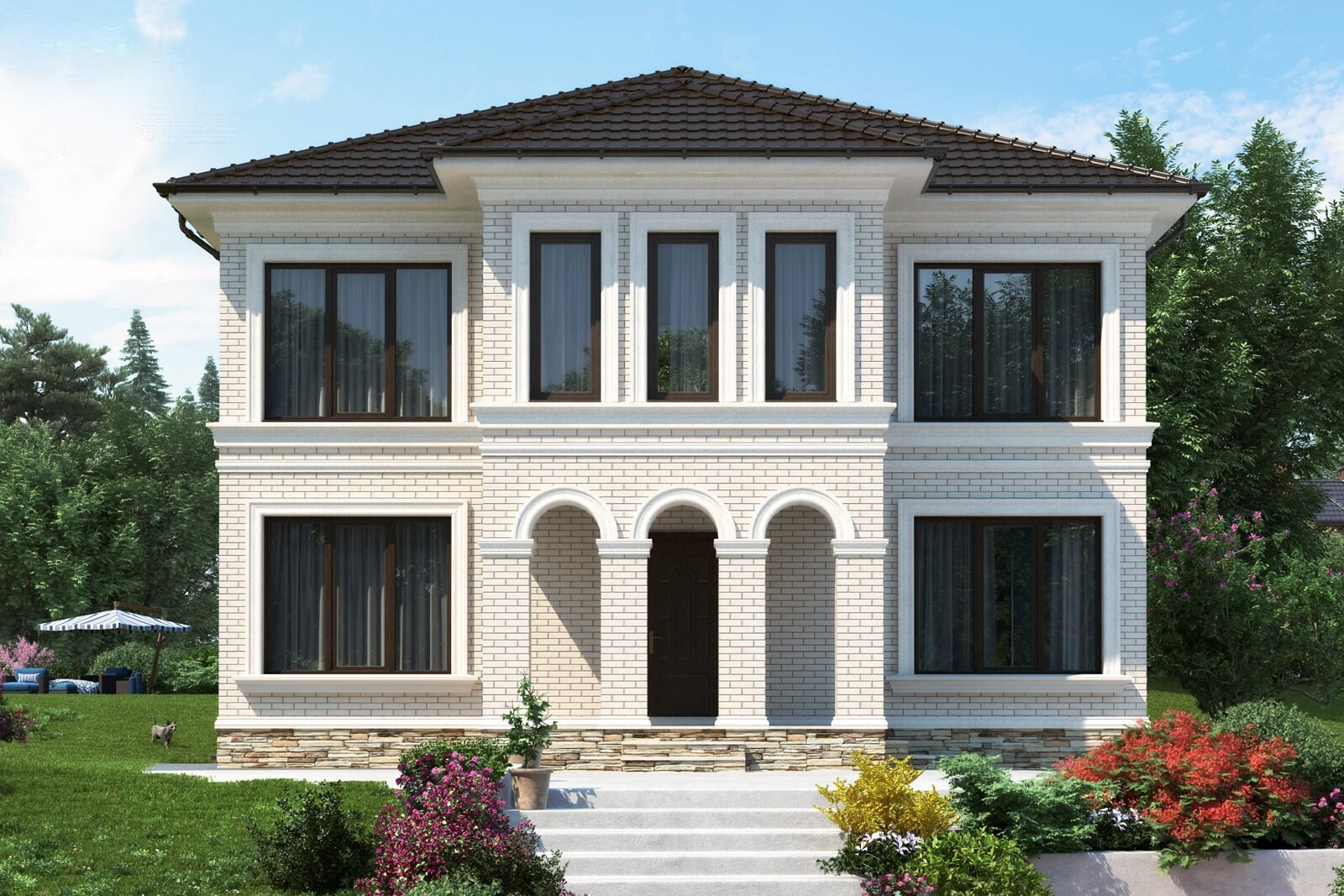 Загородный дом из белого кирпича