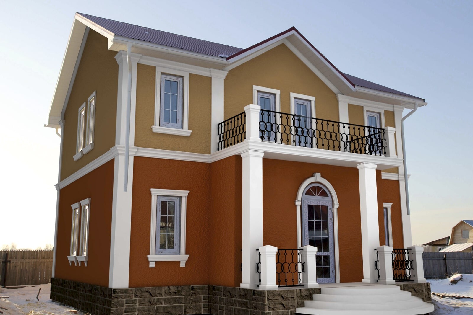 Красивое сочетание цветов на фасаде загородного дома